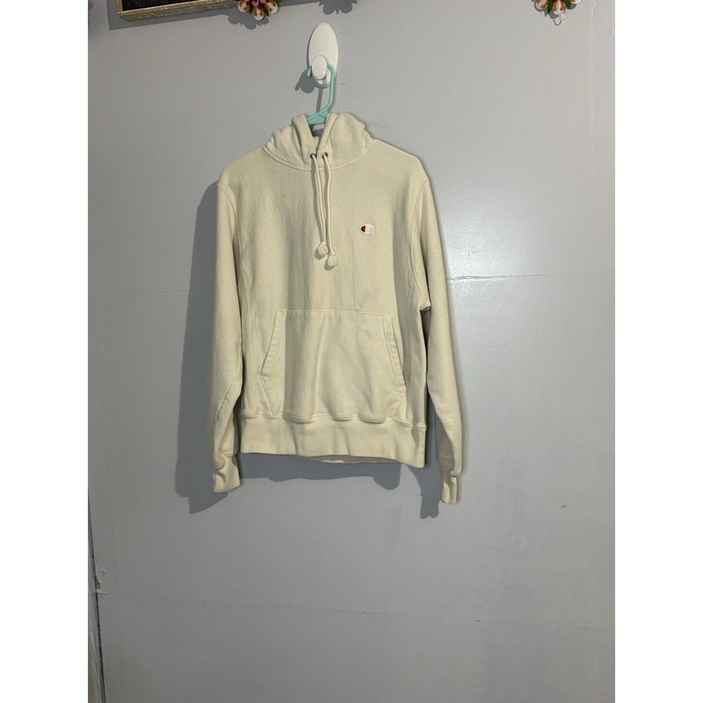 Vintage Champion Reverse Weave Hoodie Sweatshirt Pullover Mens Small Cream